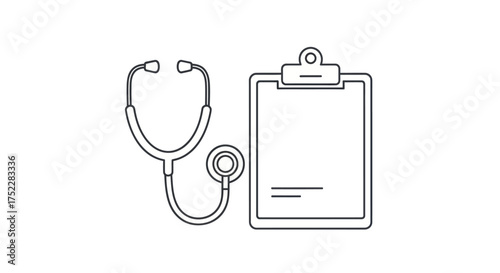 Simple line art stethoscope and medical clipboard illustration.