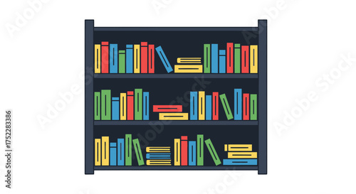 Colorful Bookshelf Illustration with Stacked and Upright Books.
