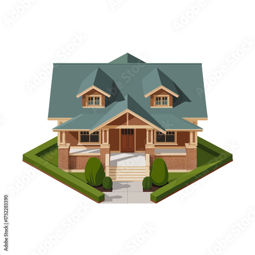 isometric craftsman residence, wide front porch, tapered columns, dormer windows, manicured lawn, welcoming family home vector illustration