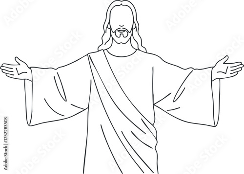 Line art illustration of Jesus with open arms symbolizing welcome and compassion in Christianity.