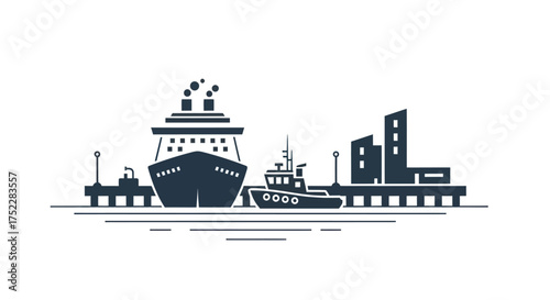 Silhouetted Cruise Ship Tugboat and Buildings at Dock.