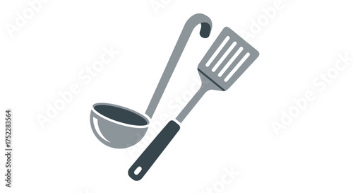 Grey Metal Kitchen Ladle and Slotted Spatula Cooking Utensils.
