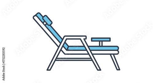 Blue and White Folding Lounge Chair with Headrest and Armrests.