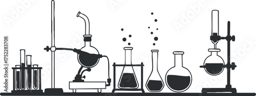 Illustration of laboratory glassware including beakers test tubes and flasks for chemistry experiments