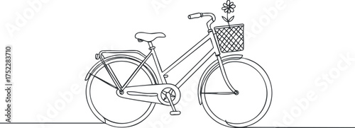 A minimalist line drawing of a bicycle with a basket and flowers, ideal for cycling enthusiasts.