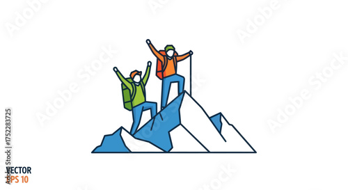 Two triumphant hikers with backpacks celebrating on a mountain summit vector line art illustration.