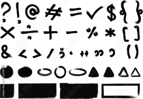 Collection of hand drawn punctuation marks symbols and geometric shapes on a white background