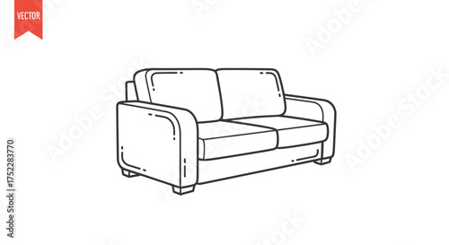 Simple Two-Seater Sofa Line Art Illustration on White Background.