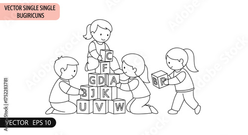Children Building Tower with Alphabet Blocks Illustration.
