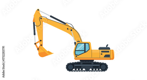 Yellow excavator with articulated arm and bucket on tracks.