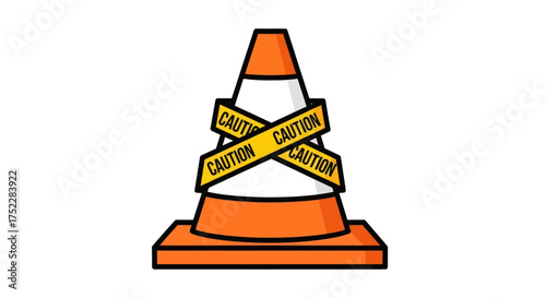Cartoon Orange Traffic Cone with Caution Tape.
