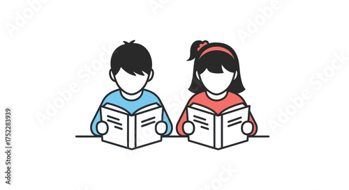 Illustration of Two Children Reading Books Together.