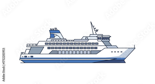Modern White and Blue Passenger Ferry Boat Illustration.