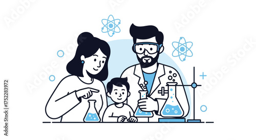Family Science Experiment: Father Mother and Son with Beakers.