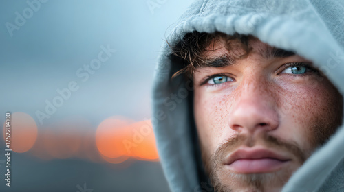 A close-up portrait of a young man with striking blue eyes and a hoodie, showcasing emotions against a blurred background.