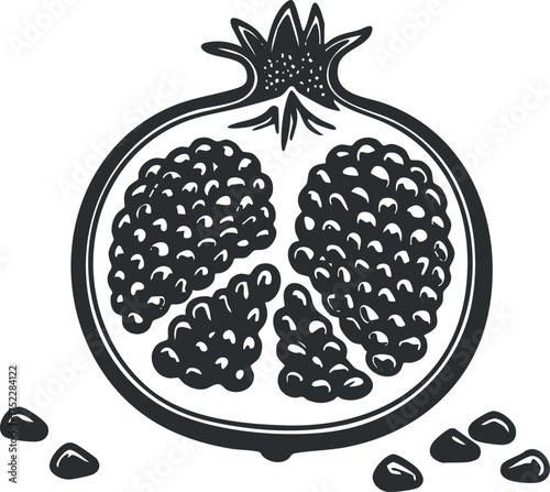 Illustration of a sliced pomegranate showcasing its seeds and inner structure.