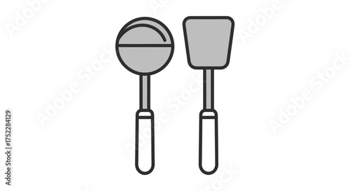 Simple gray kitchen ladle and spatula cooking utensils icon.
