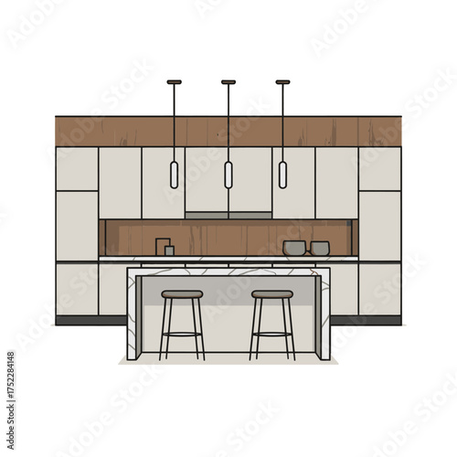 modern kitchen elevation, minimalist cabinetry layout, quartz island with stools, pendant lighting, neutral palette, interior design vector illustration