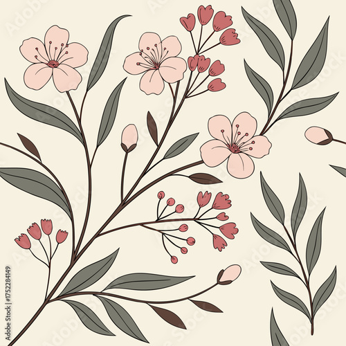 Wallpaper Mural Seamless pattern of wildflowers and leaves in pastel color palette Torontodigital.ca