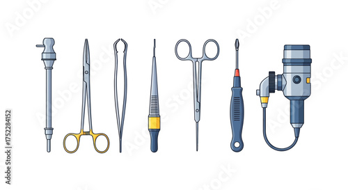 A detailed vector illustration set of various surgical and medical instruments for healthcare.