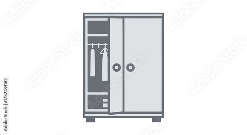 Simple Vector Illustration of a Gray Wardrobe with Open Door.