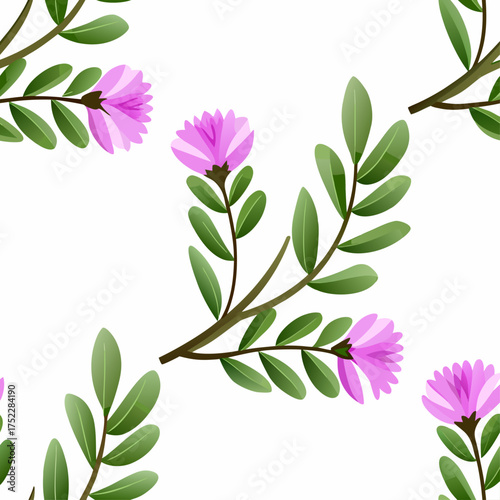 Wallpaper Mural Seamless floral pattern with hand-drawn pink flowers and green leaves on a white background Torontodigital.ca