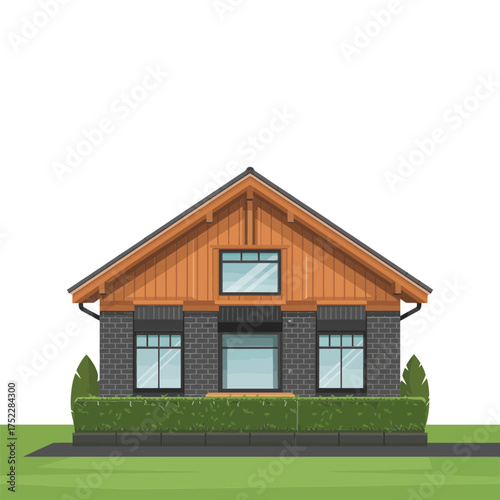 Front elevation craftsman house, orange gable roof, large windows, stone base, green lawn, residential architecture vector illustration
