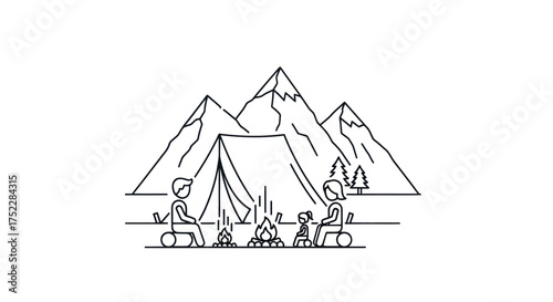 Camping Scene with Tent Fire Mountains and Two People Outline Illustration.