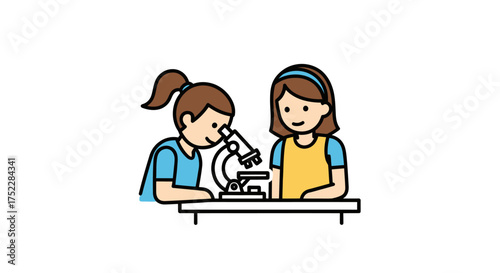 Two Girls Using a Microscope for Science Experiment Cartoon Style Illustration.