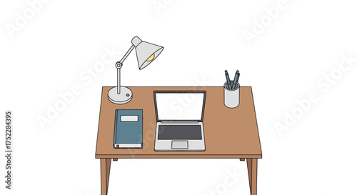 A wooden desk with a laptop book and desk lamp.