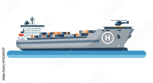 Cargo Ship with Containers and Helicopter Pad on Water.