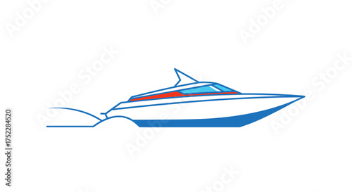 Sleek White and Blue Motorboat with Red Accent Speeding Through Water.