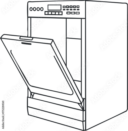 Illustration of a dishwasher with an open door showcasing its interior space and design.