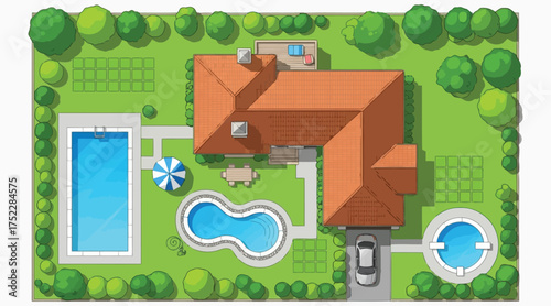 Vector art of top view of house with swimming pool and garden vector illustration of villa plan for real estate or landscape design project