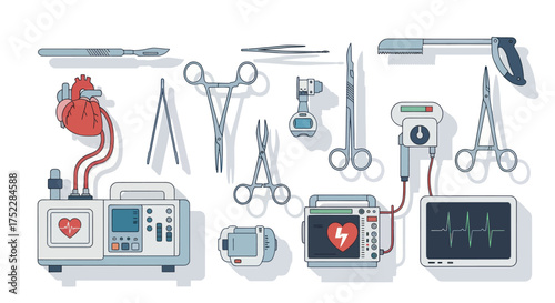 Illustration of Surgical Instruments Medical Devices and Human Heart Organ.