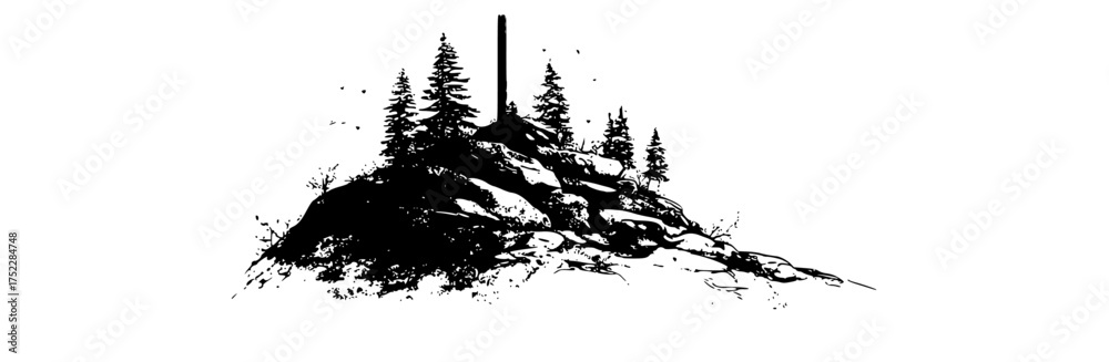 Obraz premium a black and white drawing of a rocky island with trees and a tall poleblack, ink, man, mountain, pine, pole, skier, stone, tree, white