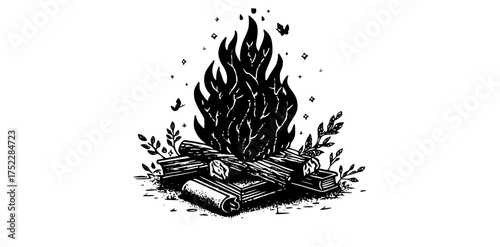 a black and white illustration of a campfire surrounded by leaves and scrollsblack, bonfire, bundle, burn, campfire, drawing, fire, flame, illustration, ink, log, wood 