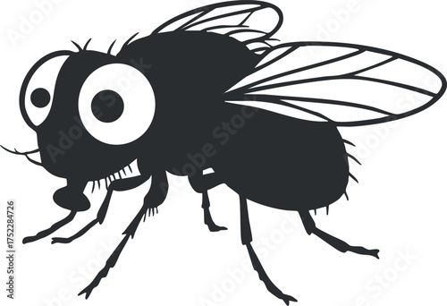 A cartoon-style illustration of a black fly with large eyes and wings.