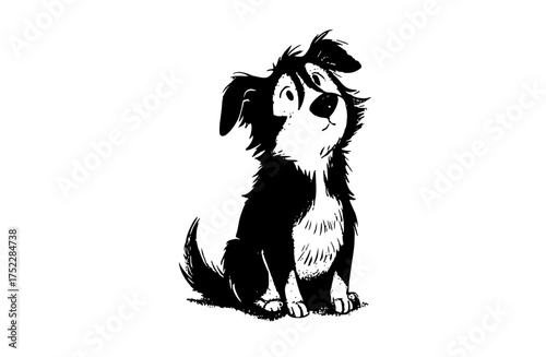 a black and white illustration of a dog looking up with a curious expressionanimal, black, dog, drawing, white 