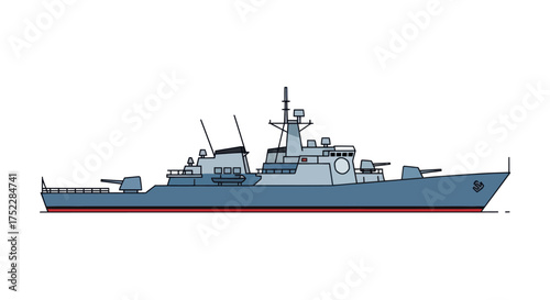 Modern Naval Warship Illustration with Guns and Radar Equipment.