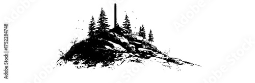 a black and white drawing of a rocky island with trees and a tall poleblack, ink, man, mountain, pine, pole, skier, stone, tree, white 