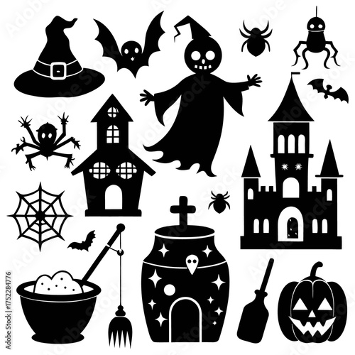 A vector illustration of a cartoon spooky Halloween icon set featuring a haunted house, castle, moon, bats, and a pumpkin silhouette on an autumn night