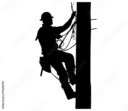a silhouette of an electrician working on a power poleblack, construction worker, electrician, job, ladder, man, pillar, pole, post, power line, profile, repair, telegraph pole, tool, wire 