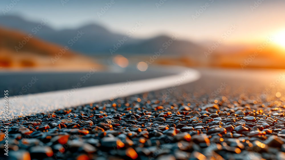 Fototapeta premium A close-up view of a winding road at sunset, showcasing smooth asphalt with pebbles and distant mountains against a warm sky.