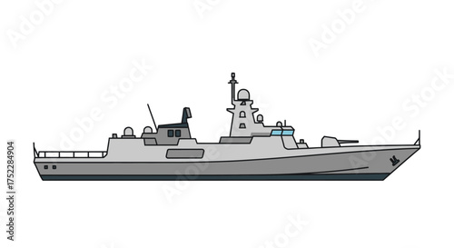 Grayscale side view illustration of a modern military frigate or corvette warship.