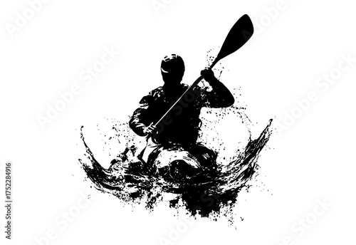 a silhouette of a man kayaking through water splashes, holding a paddleblack, canoe, kayak, man, oar, paddle, person, profile, ride, splash, water 