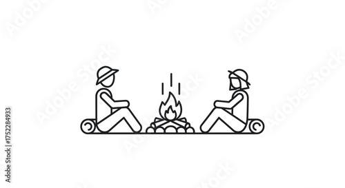 Two people sitting around a campfire in a minimalist line art style.