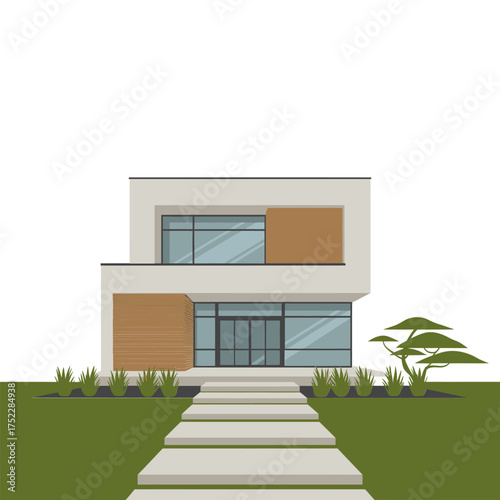 Two story modern residence, boxy volumes, wood cladding panels, expansive glazing, landscaped approach, premium contemporary architecture vector
