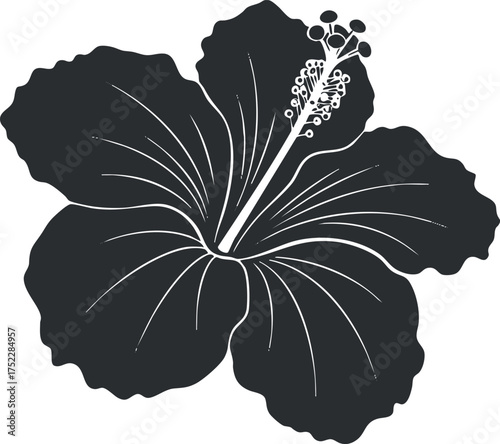 A stylized black illustration of a hibiscus flower showcasing its intricate petals and stamen.