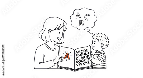Hand-drawn line art illustration of a mother teaching her young son the alphabet from a book.
